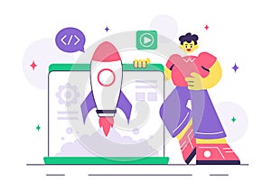 Game Development Vector Illustration Featuring Games, Digital Technology, Programming, and Coding for the Technical Aspects