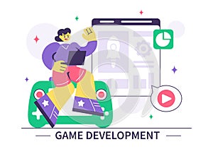 Game Development Vector Illustration Featuring Games, Digital Technology, Programming, and Coding for the Technical Aspects