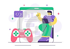 Game Development Vector Illustration Featuring Games, Digital Technology, Programming, and Coding for the Technical Aspects
