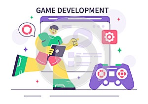 Game Development Vector Illustration Featuring Games, Digital Technology, Programming, and Coding for the Technical Aspects