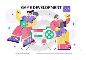 Game Development Vector Illustration Featuring Games, Digital Technology, Programming, and Coding for the Technical Aspects