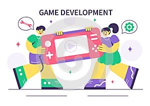 Game Development Vector Illustration Featuring Games, Digital Technology, Programming, and Coding for the Technical Aspects