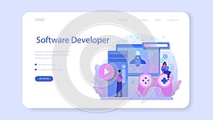 Game development web banner or landing page. Creative process