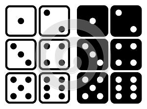 Game dice set isolated on white background. Set of dice in flat and linear design from one to six. Traditional game die with