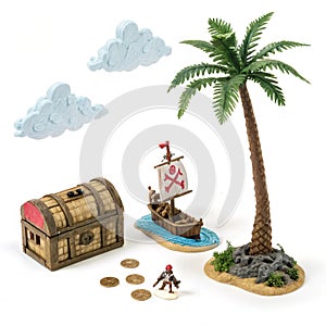 Game elements with clouds and island isolated on white background