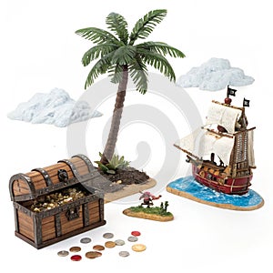 Game elements with clouds and island isolated on white background