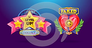 Game elements set. `Level Up`, `failed` cartoon colorful buttons