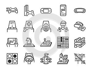 Game and entertainment line icon set. Included the icons as board game, arcade game, console, shooting, puzzle, handheld, mobile a photo