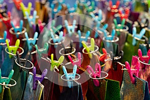 game at fair or carnival or amusement park of hooking colorful gift bags