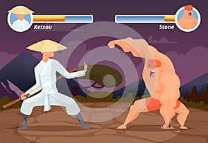 Game fighting. Screen location of computer 2D gaming asian fighter vs wrestler luchador vector background