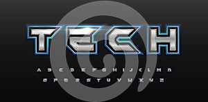 Game futurism alphabet. Techno silver font with glow. Cyber sport type for modern futuristic logo, headline, monogram