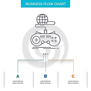 Game, gaming, internet, multiplayer, online Business Flow Chart Design with 3 Steps. Line Icon For Presentation Background
