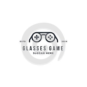 Game geek logo design template with glasses and game pad button. premium vector idea
