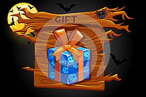Game gift icon, wooden banner and halloween illustrations.