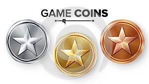 Game Gold, Silver, Bronze Coins Set Vector With Star. Realistic Achievement Icon Illustration. Rank Medals For Game User Interface
