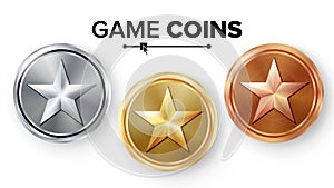 Game Gold, Silver, Bronze Coins Set Vector With Star. Realistic Achievement Icon Illustration. Rank Medals For Game User Interface photo