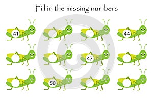 Game with grasshoppers for children, fill in the missing numbers, middle level, education game for kids, school worksheet activity