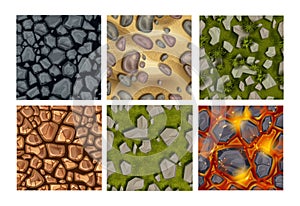 Game ground seamless pattern set, vector stone texture kit, rock, lava, green grass, underwater pebbles.