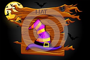 Game hat icon, wooden halloween banner and night background.