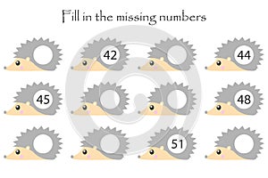 Game with hedgehogs for children, fill in the missing numbers, middle level, education game for kids, school worksheet activity, t