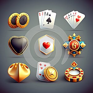 Game icon set,  casino interface reward kit, golden crown, potion flask, award shield, magic glow. UI mobile app 3D design.