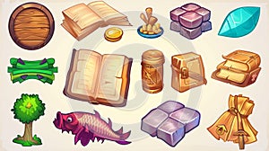 Game icons of food, stone, wood, gold, and book. Resources and loot with wooden board, meat, fish, golden ingot, stone photo