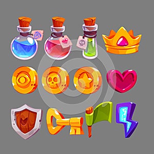 Game icons with potions, gold crown, heart, coins