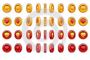 Game icons set of gold and red coin heart for Saint Valentine Day. Coin rotate set for animation. Vector illustration