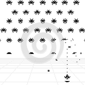 Game interface and game elements in pixel style art. Vector illustration. Stylish arcade about battles with space invaders. The