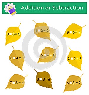 A game for kids. Developing numeracy skills. Addition or subtraction. photo