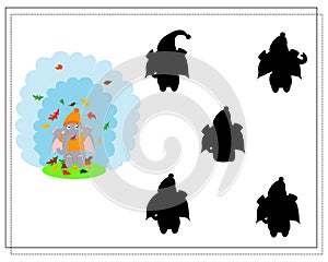 game for kids find the right shadow, cute cartoon elephant throws . autumn. vector flat illustration