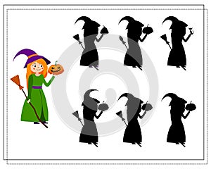 Game for kids find the right shadow witch with a broom and pumpkin, Halloween. vector isolated on a white background