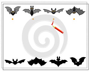 Game for kids find the shadow, bats, halloween. vector isolated on white background