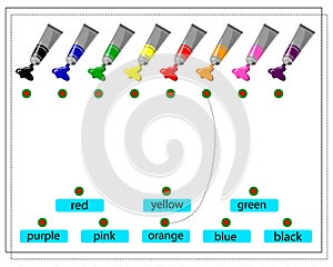 A game for kids, learning colors. Tubes of paint pick the right color. Black, blue, Yellow Green Red Orange Pink Purple