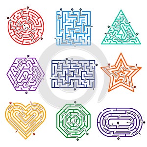 Game labyrinth. Mazes way with various entrance gate and exits out vector shapes