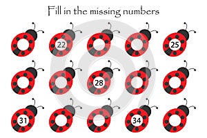 Game with ladybugs for children, fill in the missing numbers, middle level, education game for kids, school worksheet activity,