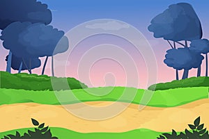Game level background, magic road and fantasy landscape in cartoon style. road, green field and forest