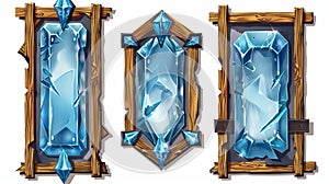 Game level frames, user interface icons, buttons, rankings badges or banners with blue glossy crystal plank and wooden