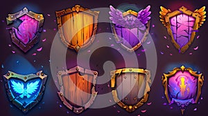 Game level icons, wooden cracked shields or broken banners with wings and magic haze. Awards and trophy achievements