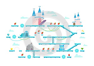 Game level interface design elements. Children game for girls. Pink castles, clouds and strawberries. Mobile platform