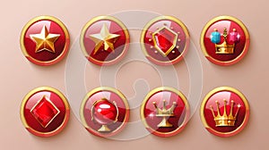 Game level rank progression badge in red round shape with gemstones, jewels, and crown decorations. Cartoon modern set