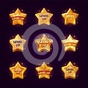 Game level up stars. Gamer winner levels achievement gold star badges, award medals casino bonus rank badge win point photo