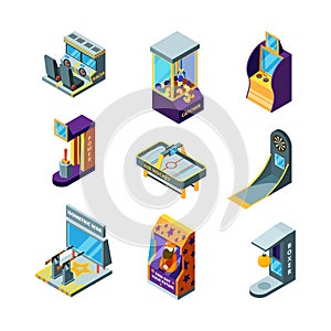 Game machines. Amusement park fun for kids arcade racing pinball drive game automat vector isometric photo