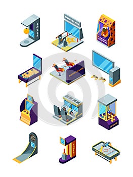 Game machines. Race simulator darts arcade funny games for kids pinball amusement park vector isometric machines