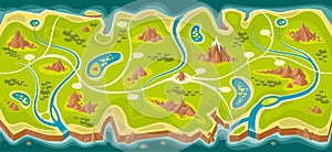 Game map for completing the route. Mountains, sea, rivers and lakes view from above. Looped and seamless map