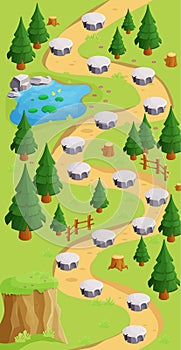 Game map forest gui background, template in cartoon style, casual isometric view. Decorated with stones, trees, pond.