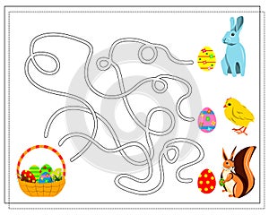 The game is a maze, Easter eggs. Easter bunny, squirrel, chicken, Easter egg basket