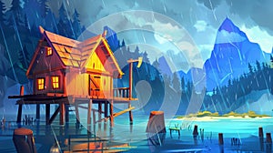Game modern with hut on stilt near lake. Rain scene with forest house and mountain view. Axe and stump near wooden cabin