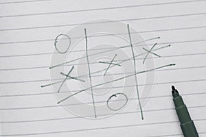 The game of noughts and crosses is drawn on a notebook sheet