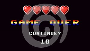 Game over 8-bit hearts continue black full
